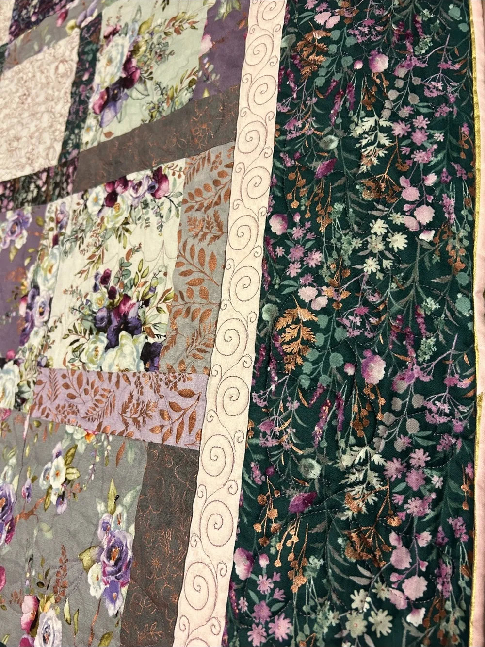 ONE OF A KIND - HANDCRAFTED Quilt in Shades of Purples, Green and Cream